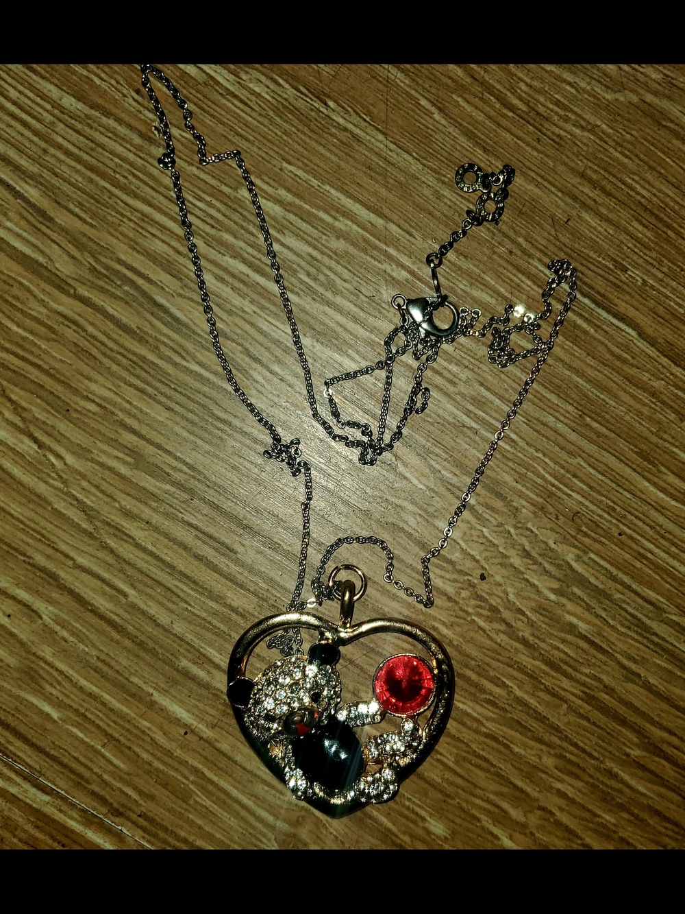 Rhinestone Heart & Teddy Bear Long Pendant Necklace
